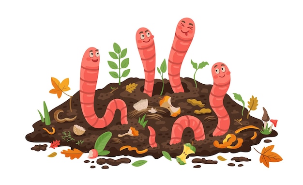 Vector gusanos de compost de dibujos animados en biorresiduos orgánicos del suelo