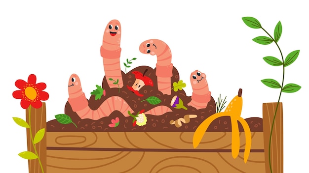 Gusanos y compost Gusanos de tierra lindos en el suelo del jardín con residuos orgánicos Personajes de dibujos animados invertebrados Insectos en el suelo Escena de reciclaje de vectores de clase
