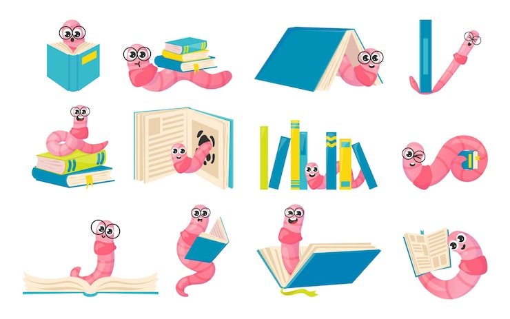 Vector gusanos de libro de dibujos animados caracteres nerd de gusanos lindos con ojos grandes gafas y pilas de libros concepto de aprendizaje y educación gusanos inteligentes rosas leyendo libros de texto vector aislado estudiando gusanos de tierra conjunto