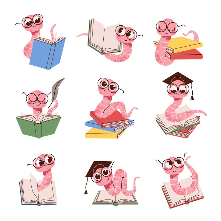Vector gusanos de libros de dibujos animados niños lindos gusanos inteligentes mascota en gafas libros de lectura estudiantes divertidos personaje animal colorido gusanos de tierra inteligentes insectos símbolo de educación y conocimiento vector aislado conjunto