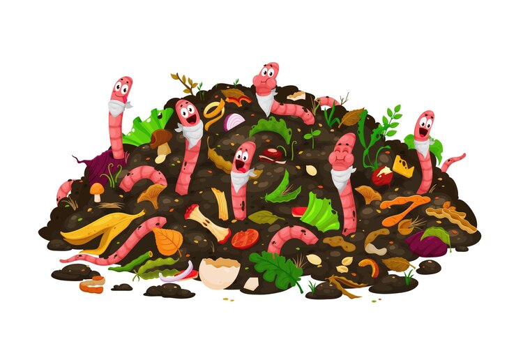 Vector los gusanos de tierra de dibujos animados que comen compost personajes divertidos de gusano de tierra en desechos orgánicos telón de fondo vectorial vermicomposting cartel con gansanos de tierra en el humus del suelo comiendo basura biológica compostable de restos de alimentos