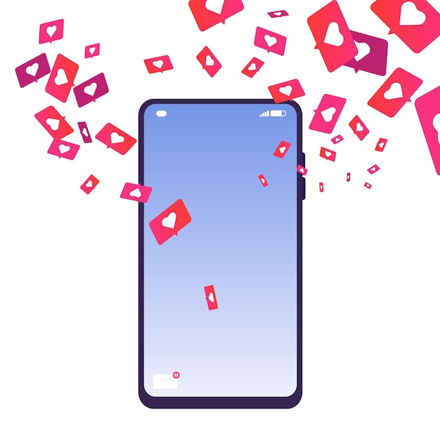 Le gusta la adicción. Teléfono con me gusta, adicción a las redes sociales. Vector ilustración aislada smartphone y notificaciones. Social como la comunicación, la adicción a la retroalimentación en línea