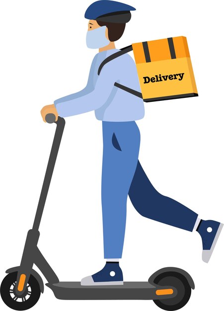 Guy courier en scooter eléctrico, entrega en línea, seguimiento de pedidos en línea, entrega en el hogar y la oficina.