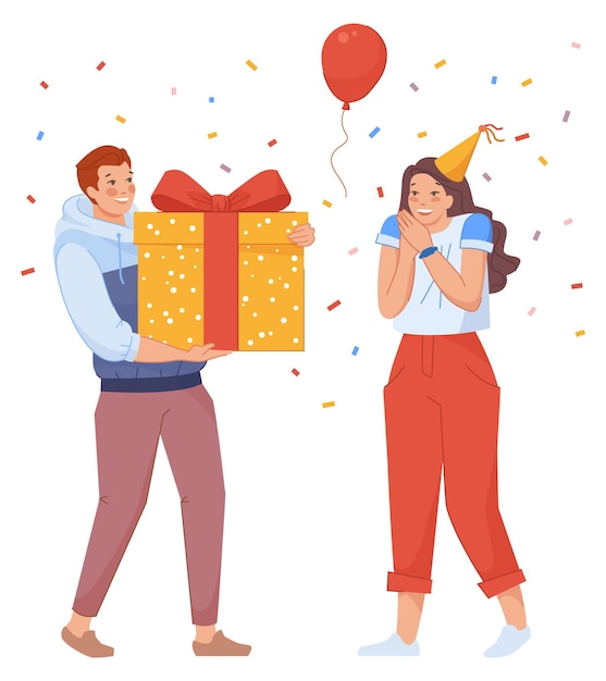 Guy le da un regalo a la niña. Hombre con sorpresa felicita a la mujer por su cumpleaños, ilustración vectorial