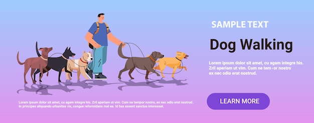 Guy dog handler camina con mascotas mejores amigos animales domésticos servicio de caminata voluntariado cuidado de mascotas concepto copia espacio horizontal vector ilustración