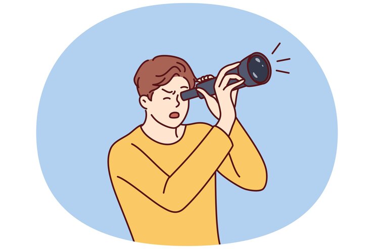 Vector guy está mirando a través del catalejo mientras mira lugares de interés o ve un fenómeno astronómico raro