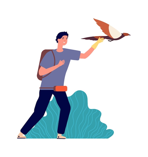 Guy y halcón. Dueño de pájaro macho, mascota salvaje. El hombre lanza águila en vuelo, ilustración de vector de ornitólogo aislado. Halcón pájaro, águila cazadora tradicional