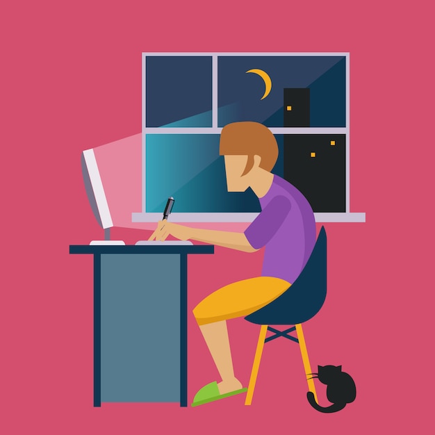 Vector guy in the night at home trabajando freelance