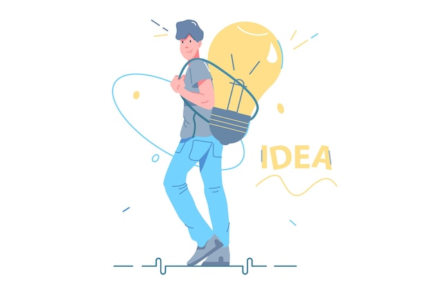 Guy lleva una idea inteligente detrás de la ilustración vectorial. Bombilla de luz grande como símbolo de estilo plano de generación de ideas creativas. Inteligencia humana, inspiración, concepto de idea innovadora. Aislado sobre fondo blanco