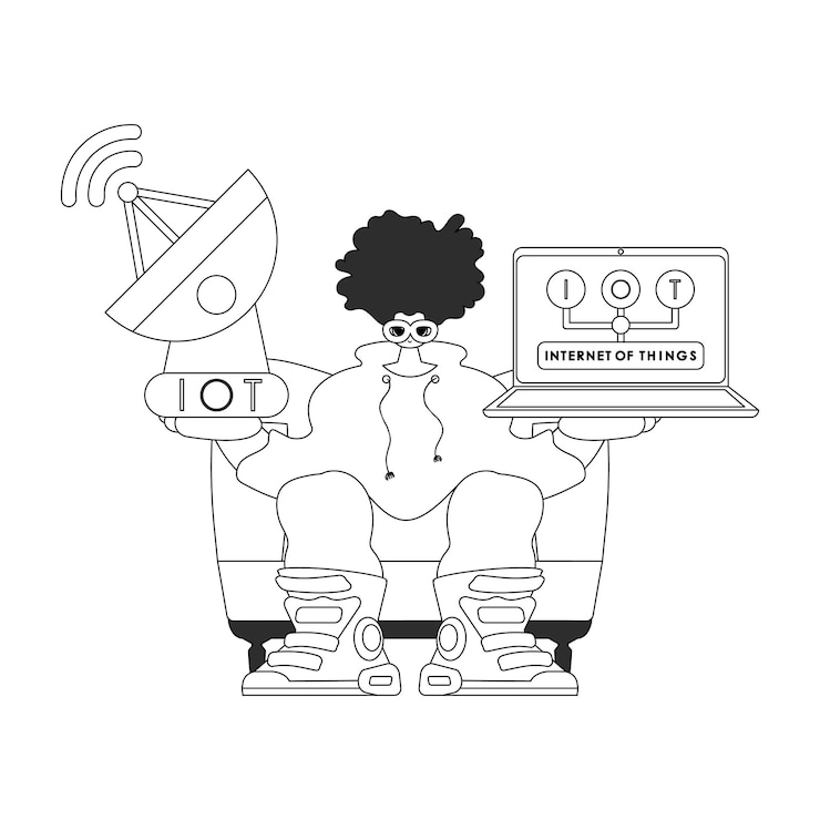 Vector guy sostiene una antena y una computadora portátil para manipular datos de iot dibujados en un estilo vectorial lineal