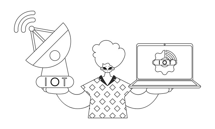 Vector guy sostiene antena y computadora portátil para trabajar datos de iot en estilo lineal vectorial