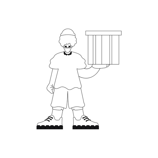 Guy sostiene la caja. Paquete entregado. Ilustración vectorial lineal.