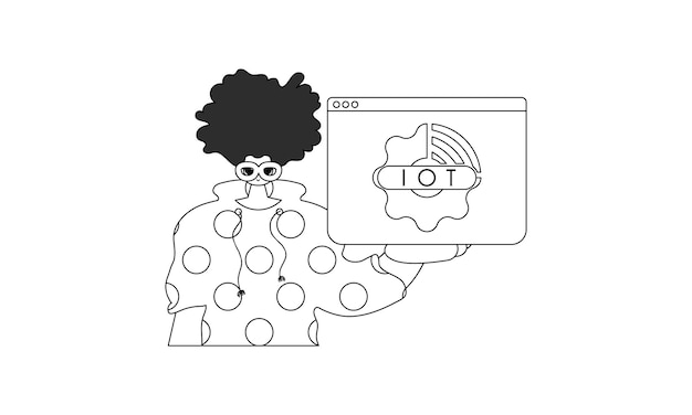 Guy sostiene el logotipo de Internet de las cosas en estilo de línea vectorial