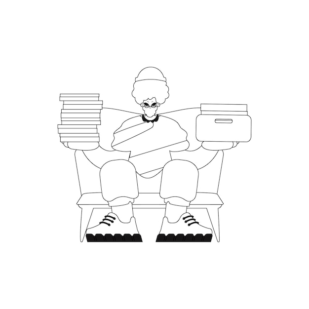 Guy sostiene montones de papeles en línea recta. Arte vectorial.