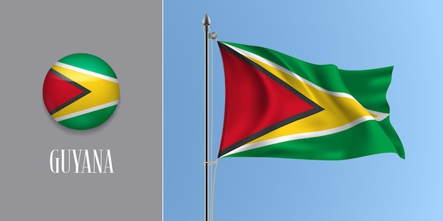 Guyana ondeando la bandera en el asta de la bandera y la ilustración de vector de icono redondo. Maqueta 3d realista con diseño de bandera y botón de círculo