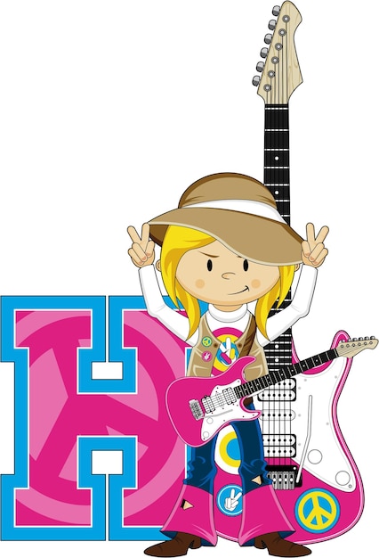 H es para Hippie Girl with Guitar Alphabet Learning Ilustración educativa