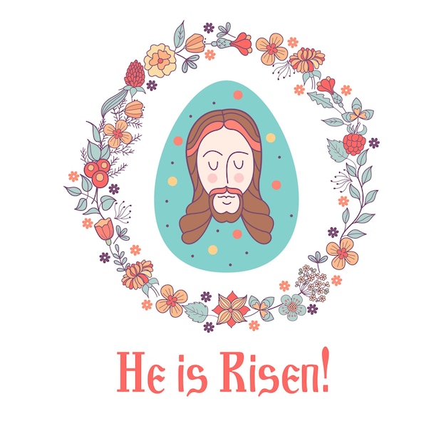 Ha resucitado ilustración vectorial de Pascua Huevo de Pascua con la imagen de Jesús enmarcado por una corona floral