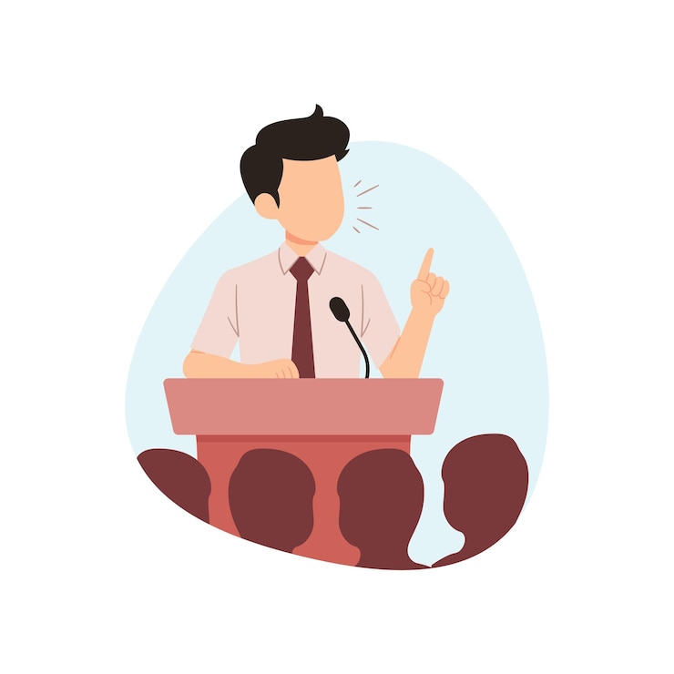 Vector habilidad de hablar en público empresario hablando en público en el escenario con ilustración vectorial del podio