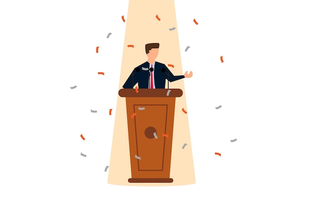 Habilidad para hablar en público Hombre de negocios confiado hablando en el escenario con micrófonos y luces de podio
