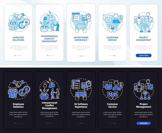Habilidades para el administrador de RR. HH. noche, pantalla de aplicación móvil de incorporación de modo diurno. Tutorial de 5 pasos de páginas de instrucciones gráficas con conceptos lineales. Interfaz de usuario, UX, plantilla de interfaz gráfica de usuario. Myriad Pro-Bold, fuentes regulares utilizadas