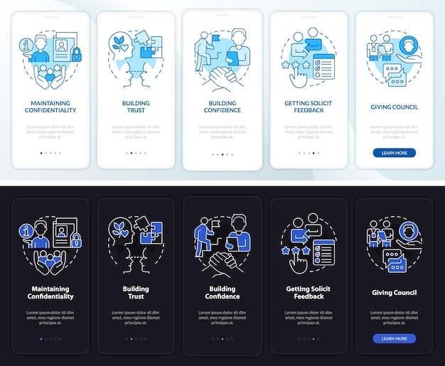 Habilidades comunicativas de recursos humanos pantalla de aplicación móvil de incorporación de modo día y noche Recorrido de 5 pasos páginas de instrucciones gráficas con conceptos lineales UI UX Plantilla de GUI Myriad ProBold Fuentes regulares utilizadas