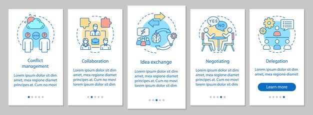 Habilidades y cualidades de gestión que incorporan la plantilla de vector de pantalla de página de aplicación móvil. Pasos del sitio web del tutorial de empleo con ilustraciones lineales. Negociando. Concepto de interfaz de teléfono inteligente UX, UI, GUI