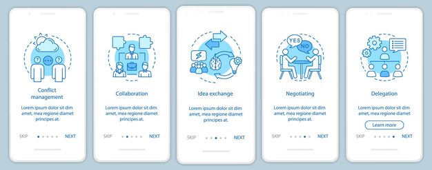 Habilidades y cualidades de trabajo en equipo que incorporan la plantilla vectorial de pantalla de la página de la aplicación móvil. Pasos del sitio web del tutorial de empleo. Negociación, delegación, colaboración. Concepto de interfaz de teléfono inteligente UX, UI, GUI