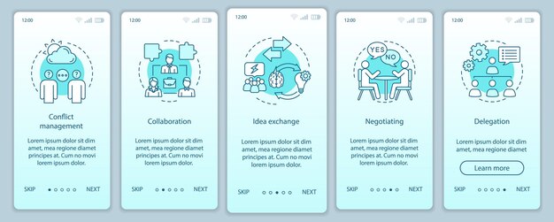 Habilidades de los empleados, cualidades que incorporan la plantilla vectorial de la pantalla de la página de la aplicación móvil. pasos del sitio web del tutorial de empleo. negociación, delegación, colaboración. concepto de interfaz de teléfono inteligente ux, ui, gui