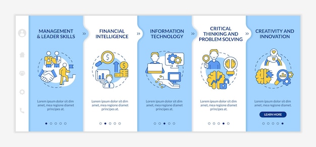 Habilidades para la gestión empresarial plantilla de incorporación azul y blanca sitio web móvil receptivo con íconos de conceptos lineales tutorial de la página web pantallas de 5 pasos latobold fuentes regulares utilizadas