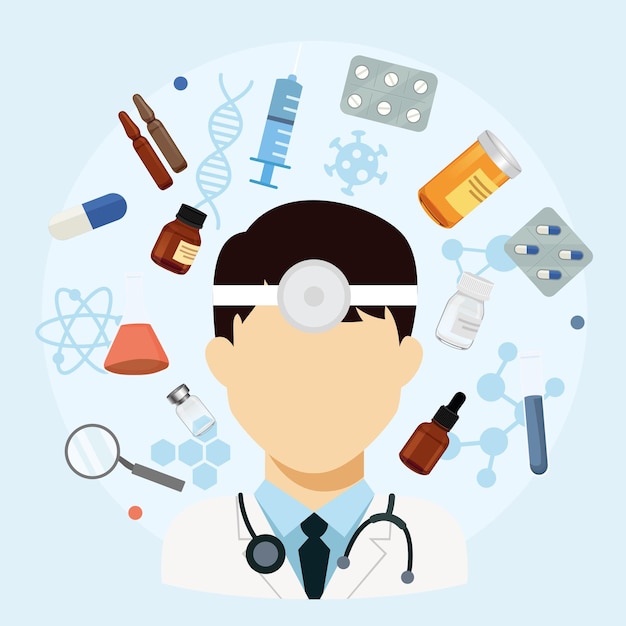 habilidades médicas, silluete de un médico varón con elementos médicos, medicina e ilustraciones de drogas