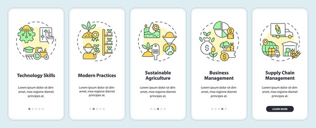 Habilidades requeridas en agricultura incorporación de la pantalla de la aplicación móvil tutorial de 5 pasos instrucciones gráficas editables con conceptos lineales ui ux plantilla gui myriad probold fuentes regulares utilizadas