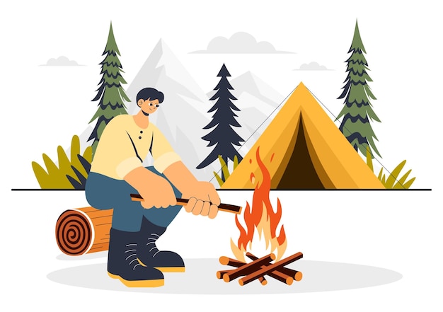 Habilidades de supervivencia Campamento de verano Ilustración vectorial con servicios de campamento en carpa Alojamiento al aire libre Exploración de la selva y relajación