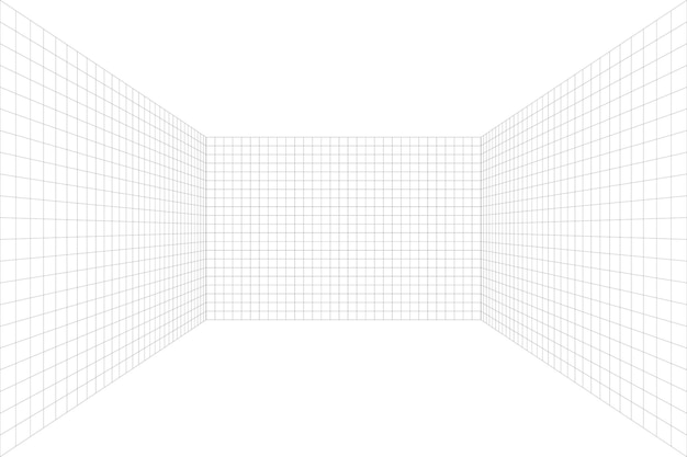 Habitación blanca con perspectiva de cuadrícula con fondo gris de estructura metálica. sin piso y techo. modelo de tecnología digital cyber box. plantilla arquitectónica abstracta de vector