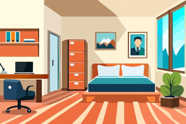 Vector una habitación con una cama, un escritorio, un escritorio y una librería.