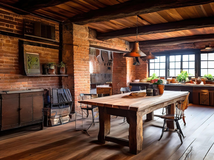 Vector una habitación con una chimenea y una mesa con sillas y una chimenea