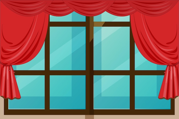 Una habitación con una cortina roja y una ventana con un fondo azul.