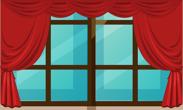 Una habitación con una cortina roja y una ventana con la palabra ventana.