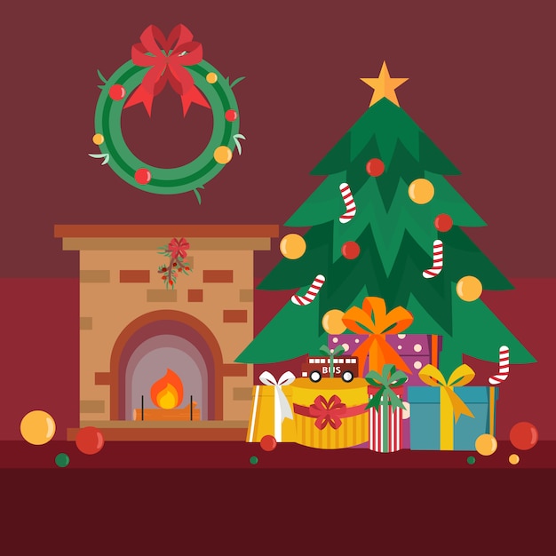 Una habitación decorada con árbol de Navidad y regalos y chimenea en la víspera de Navidad.