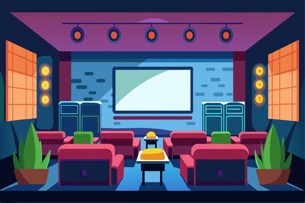 Una habitación de dibujos animados con un gran televisor de pantalla plana y algunos sofás