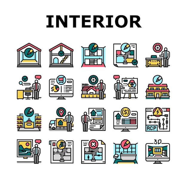 Habitación diseño de interiores casa iconos modernos conjunto vector