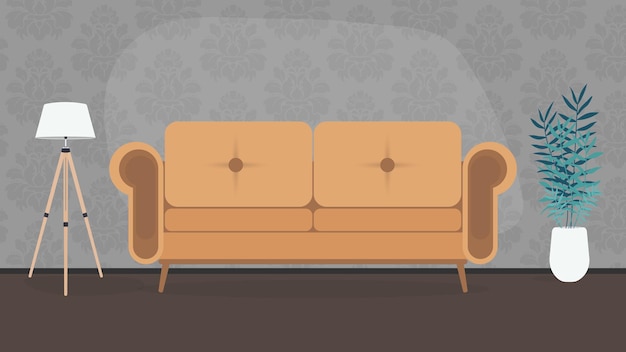 La habitación está realizada en colores oscuros. Un sofá elegante y perezoso, una lámpara de pie, una planta de interior en una maceta blanca. Papel pintado gris con estampado. Vector.