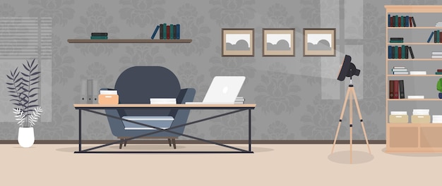 Habitación estilo loft. Cuarto brillante. Lugar de trabajo. Mesa con laptop, libros y documentos. Flor en maceta, mueble de madera, cuadros. Vector.