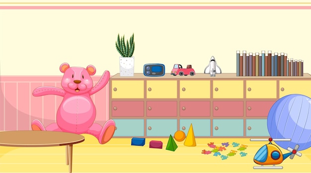 Habitación infantil con muchos muebles.