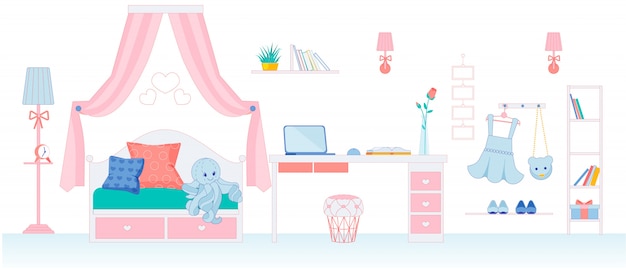 Vector habitación infantil para niña en colores rosa.