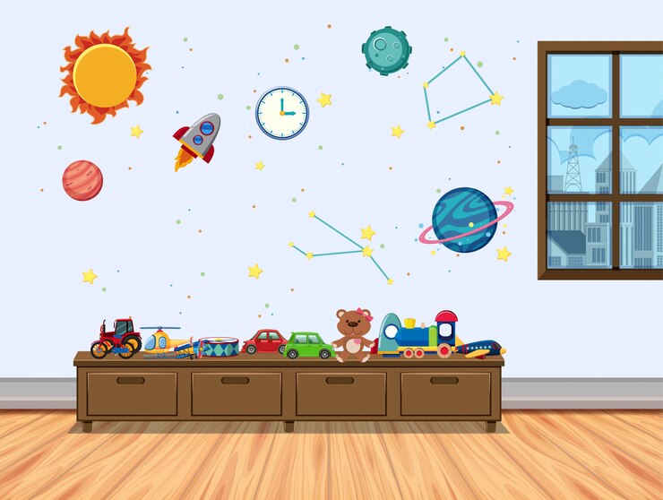 Vector habitación infantil con ventana y juguetes.