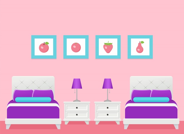 Habitación interior con dos camas, dormitorio. Ilustración.