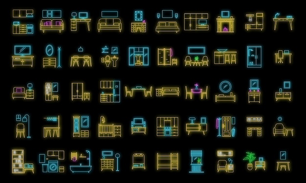Habitación interior Objetos en la casa Set de iconos de muebles en el interior de la casa Ilustración general de 50 Objetos de la habitación interior Casa en el interior de los muebles Iconos vectoriales de color neón en negro