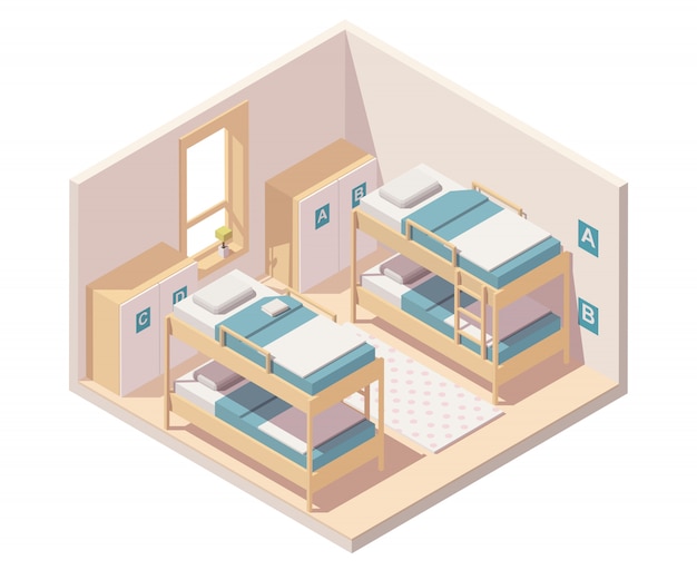 Habitación isométrica del hostal o dormitorio interior con literas y armarios.