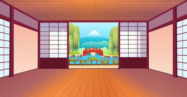 Vector habitación japonesa con una gran ventana, tazas y tetera en la mesa, bonsái con ventilador y vista al jardín