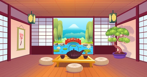 Habitación japonesa con una ventana grande, tazas y tetera en la mesa, vista al jardín, ventilador, bonsái, té japonés.